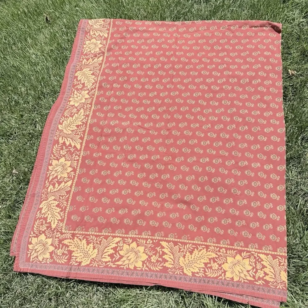 Williams Sonoma Provence Brick Red Gold Floral Cotton Tablecloth 70x84